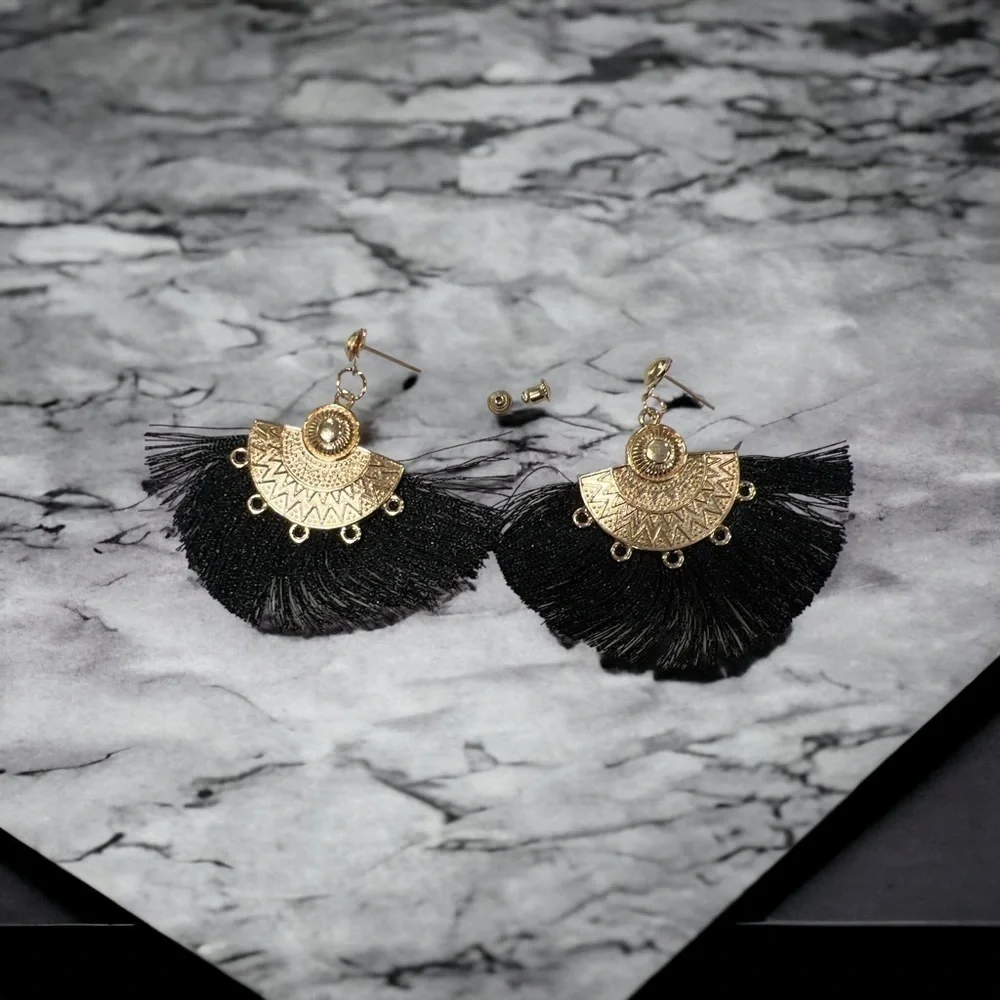 Half Moon Black Fringe Stud Earrings